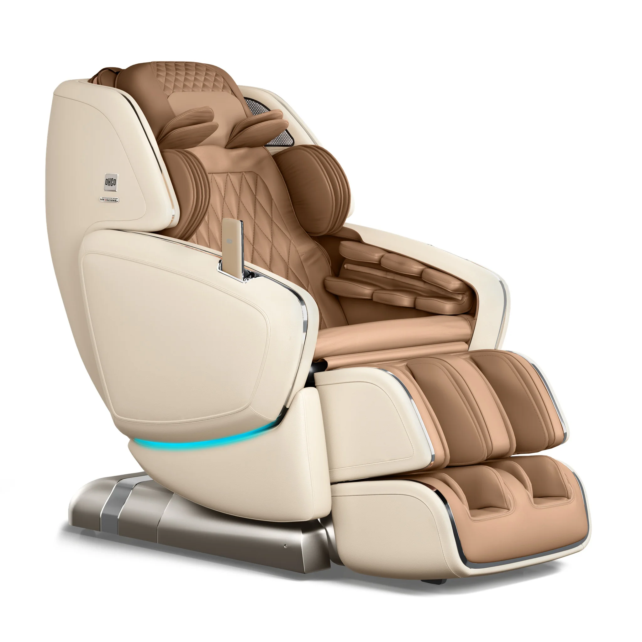 OHCO M8 NEO pearl zero gravity full body 4D heated massage chair shown at a 45-degree angle.