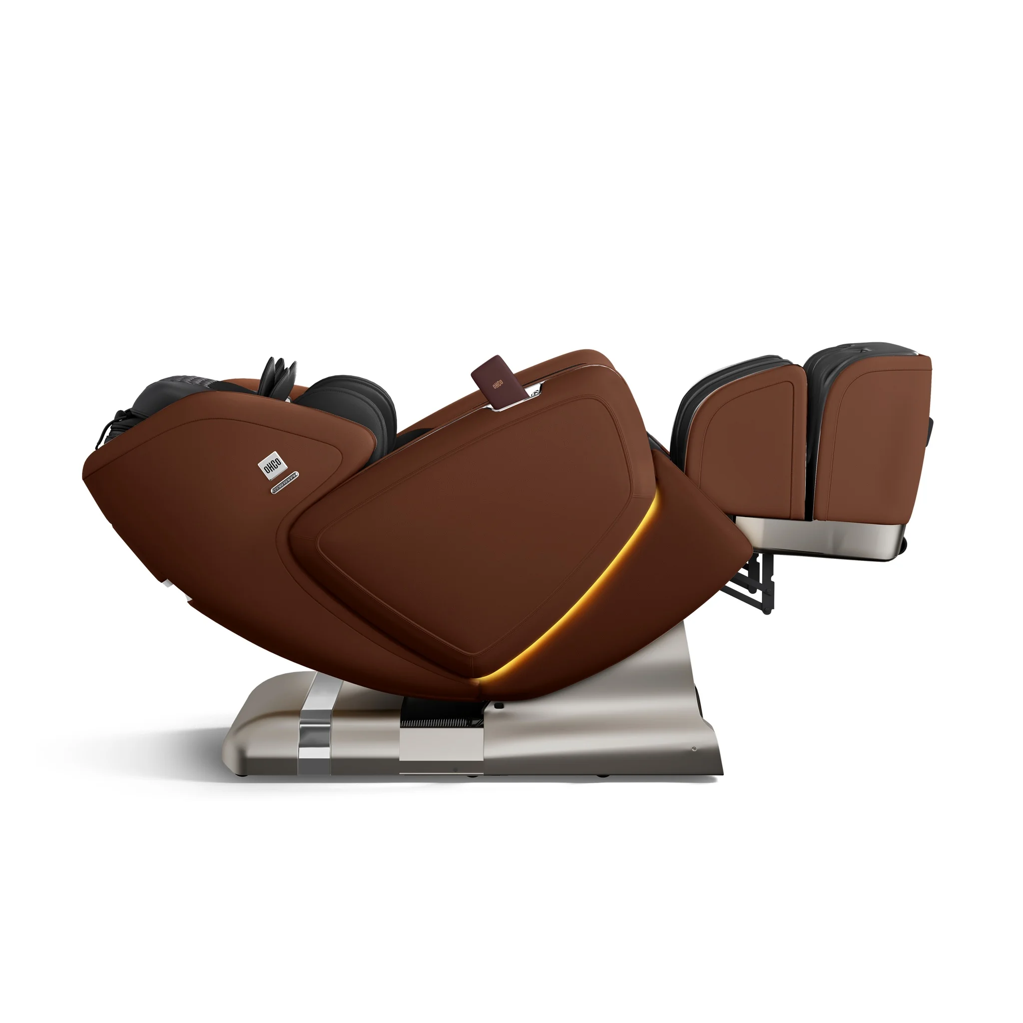 OHCO M8 NEO walnut zero gravity full body 4D heated massage chair shown from a 90-degree left profile view.