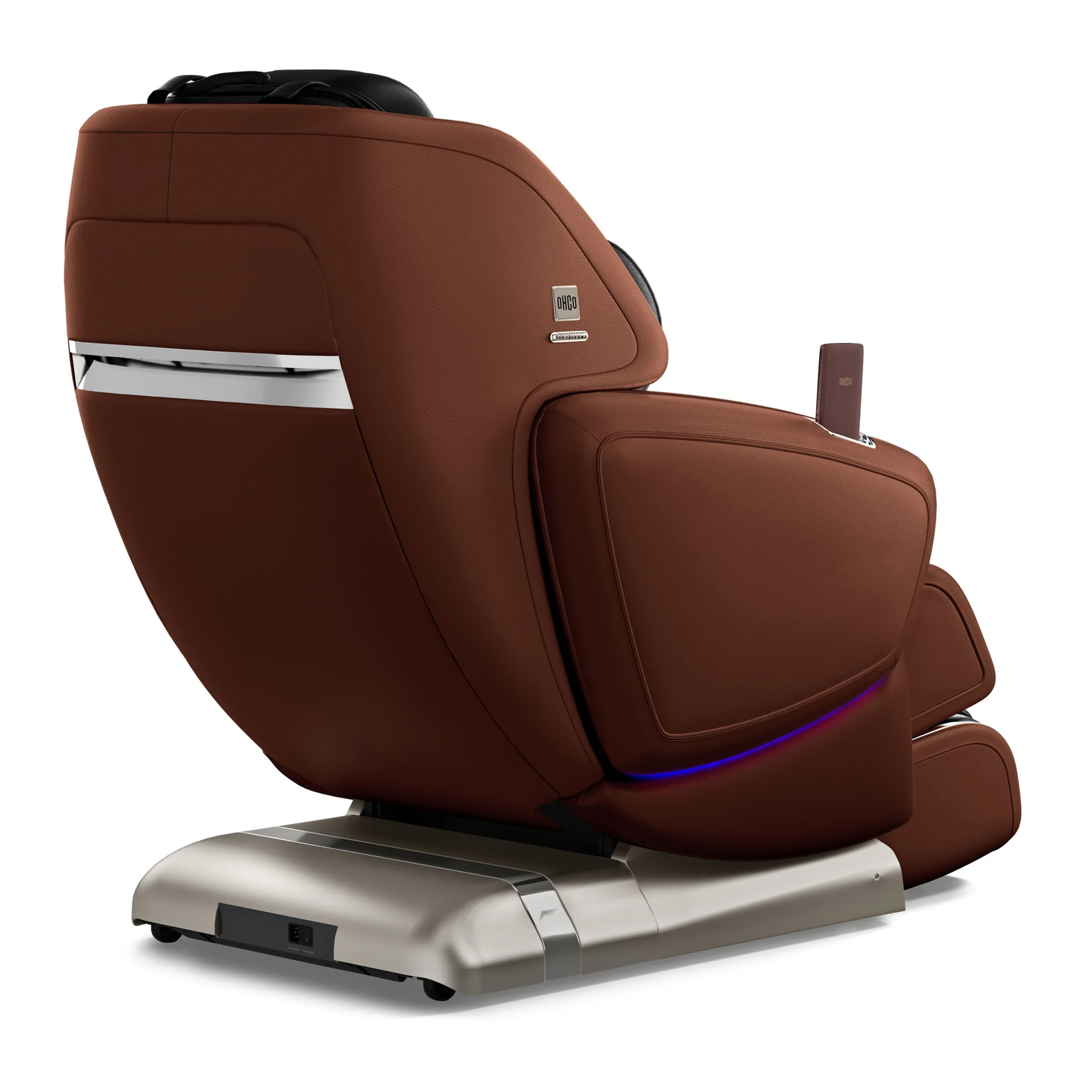 OHCO M8 NEO walnut zero gravity full body 4D heated massage chair shown upright at a 135-degree angle.