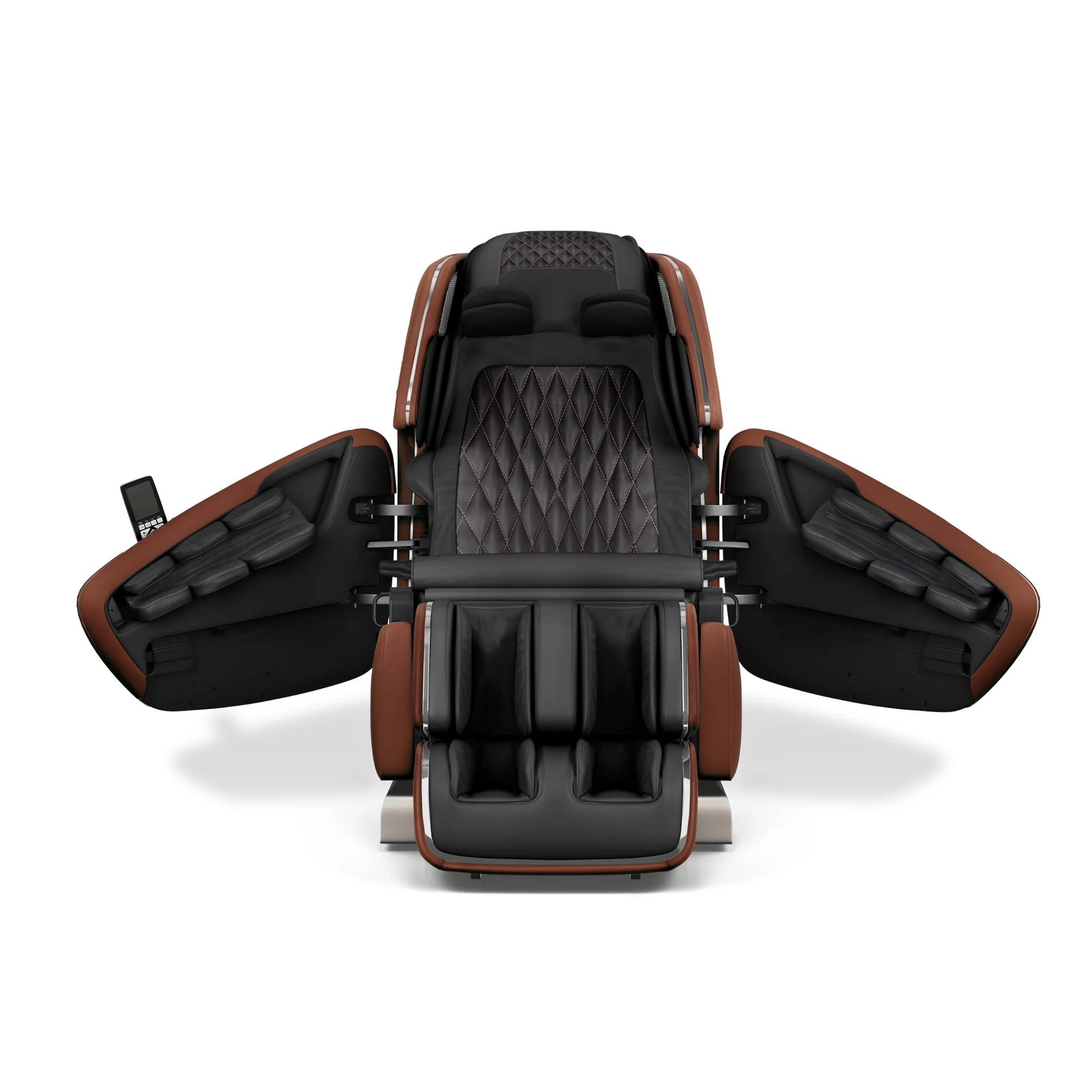 OHCO M8 NEO walnut zero gravity full body 4D heated massage chair shown upright with doors open.