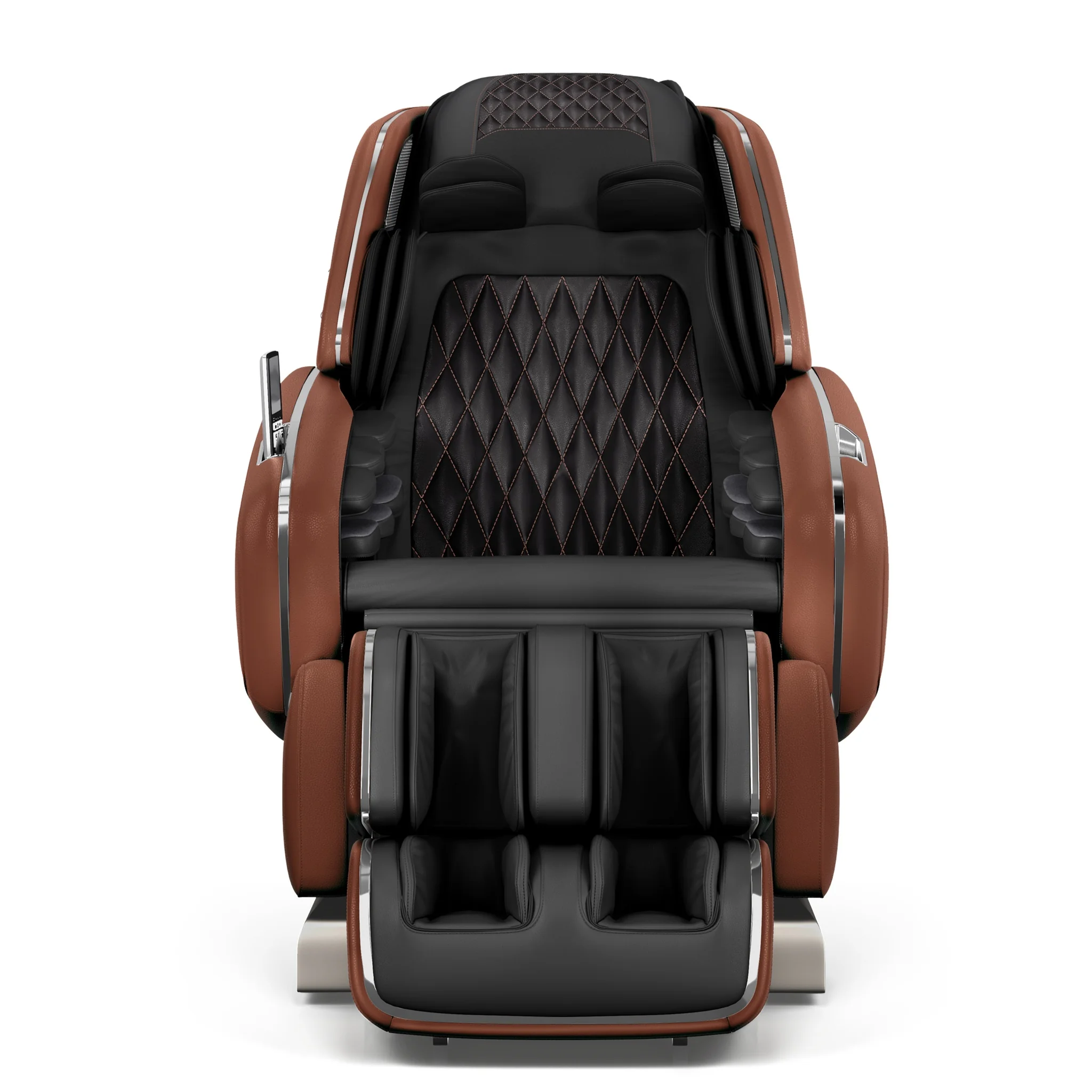 OHCO M8 NEO walnut zero gravity full body 4D heated massage chair shown upright in a straight-on front view.