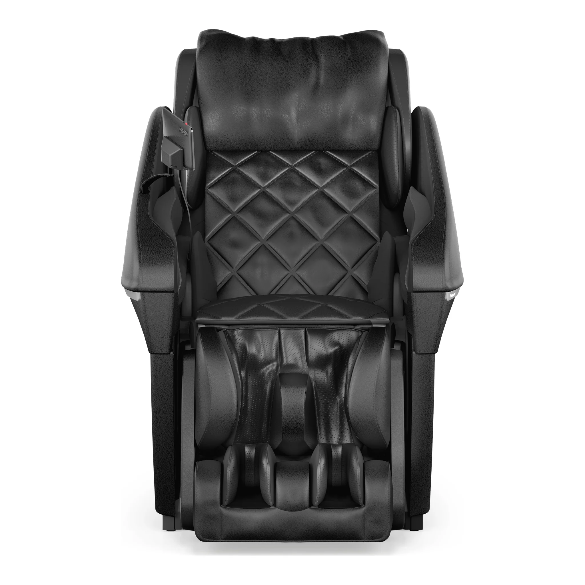 Panasonic MAN1 black zero gravity full body 5D shiatsu massage chair displayed upright in a straight-on front view.
