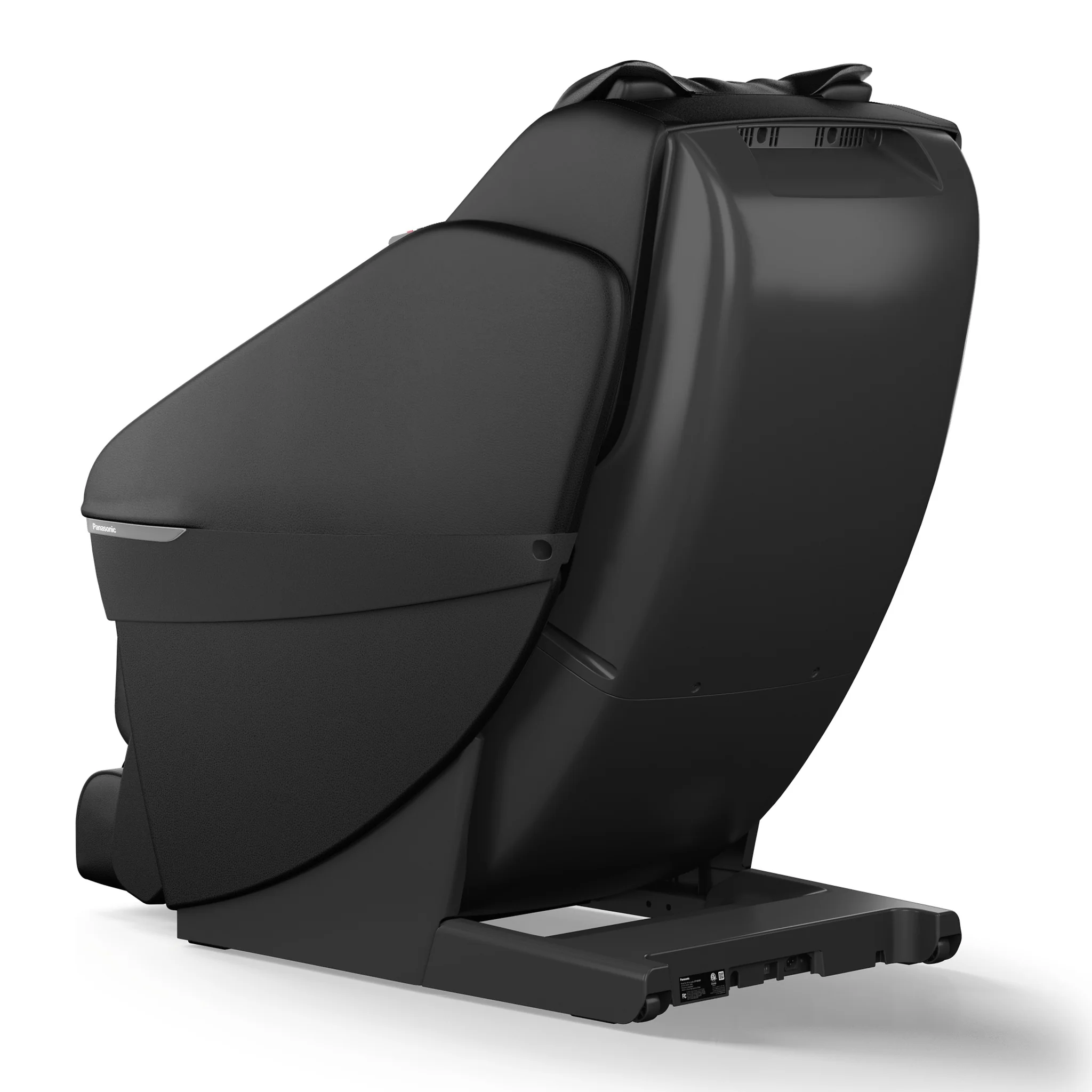Panasonic MAN1 black zero gravity full body 5D shiatsu massage chair shown upright from a 135-degree angled back-left view.