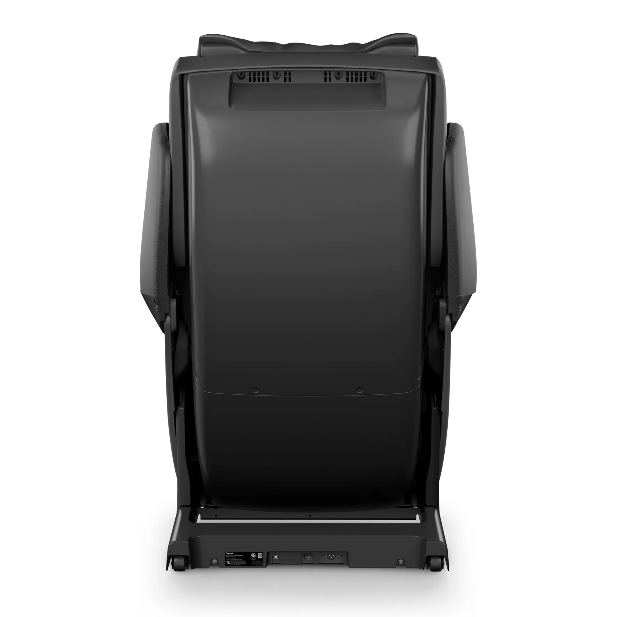 Panasonic MAN1 black zero gravity full body 5D shiatsu massage chair shown upright from a 180-degree back view.