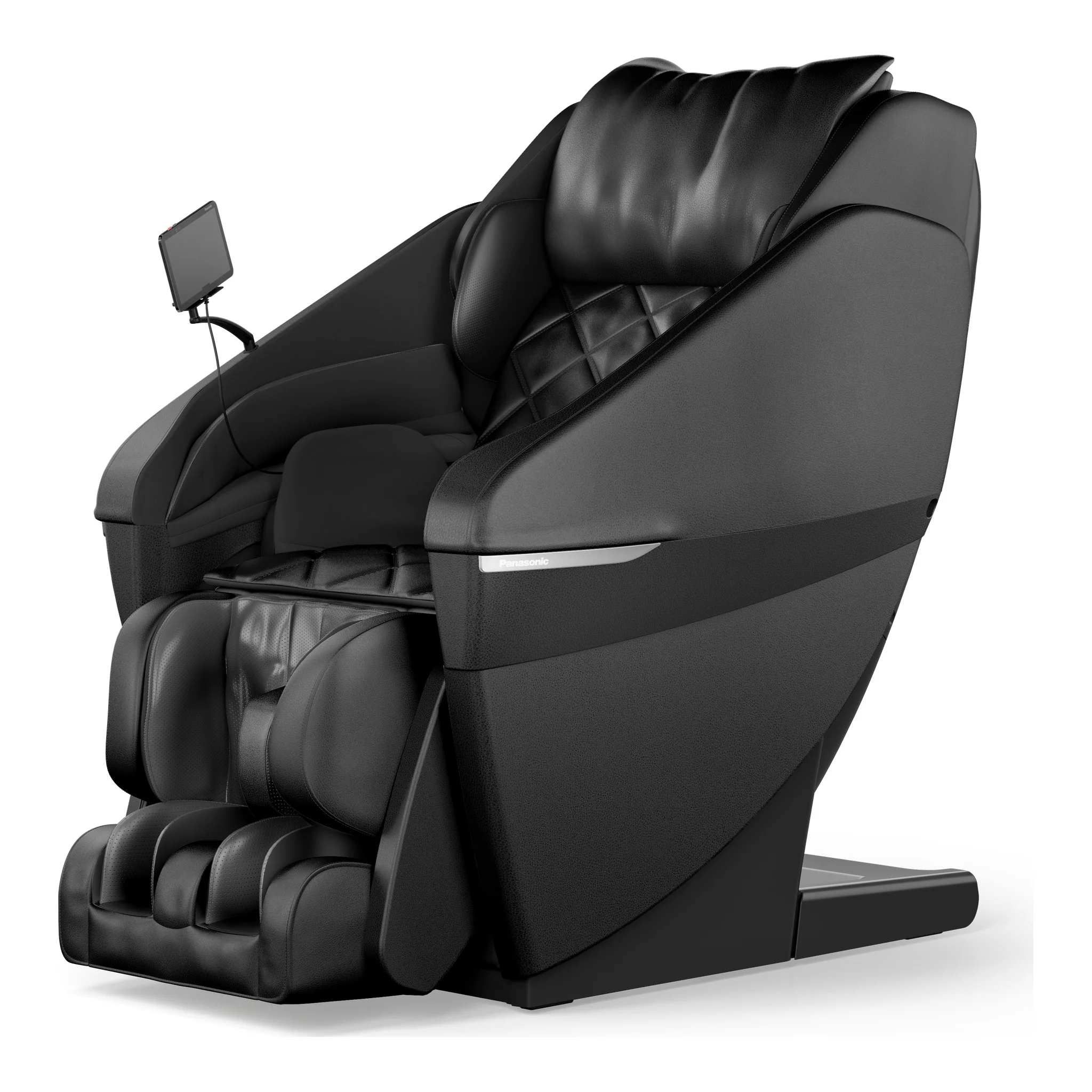 Panasonic MAN1 black zero gravity full body 5D shiatsu massage chair shown upright at a 315-degree angled front-right view.