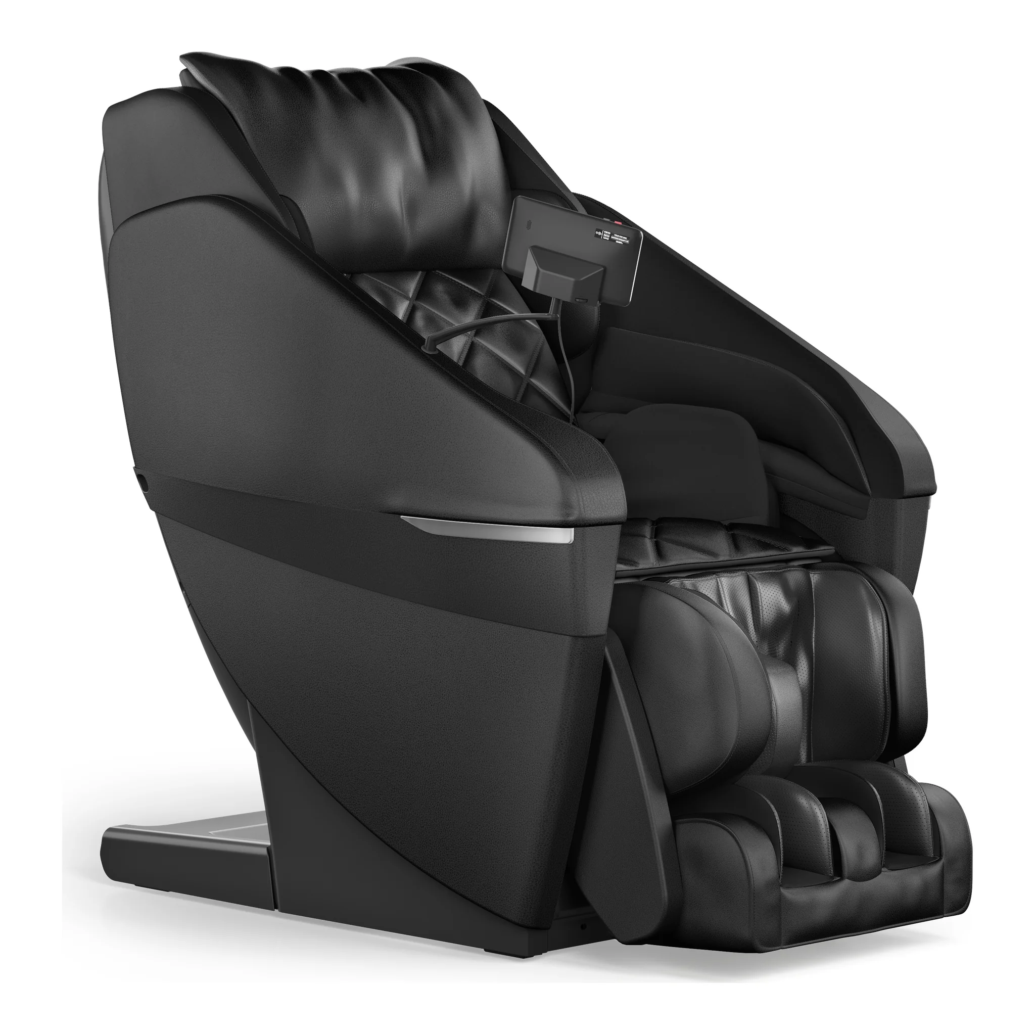 Panasonic MAN1 black zero gravity full body 5D shiatsu massage chair shown upright at a 45-degree angled front-left view.