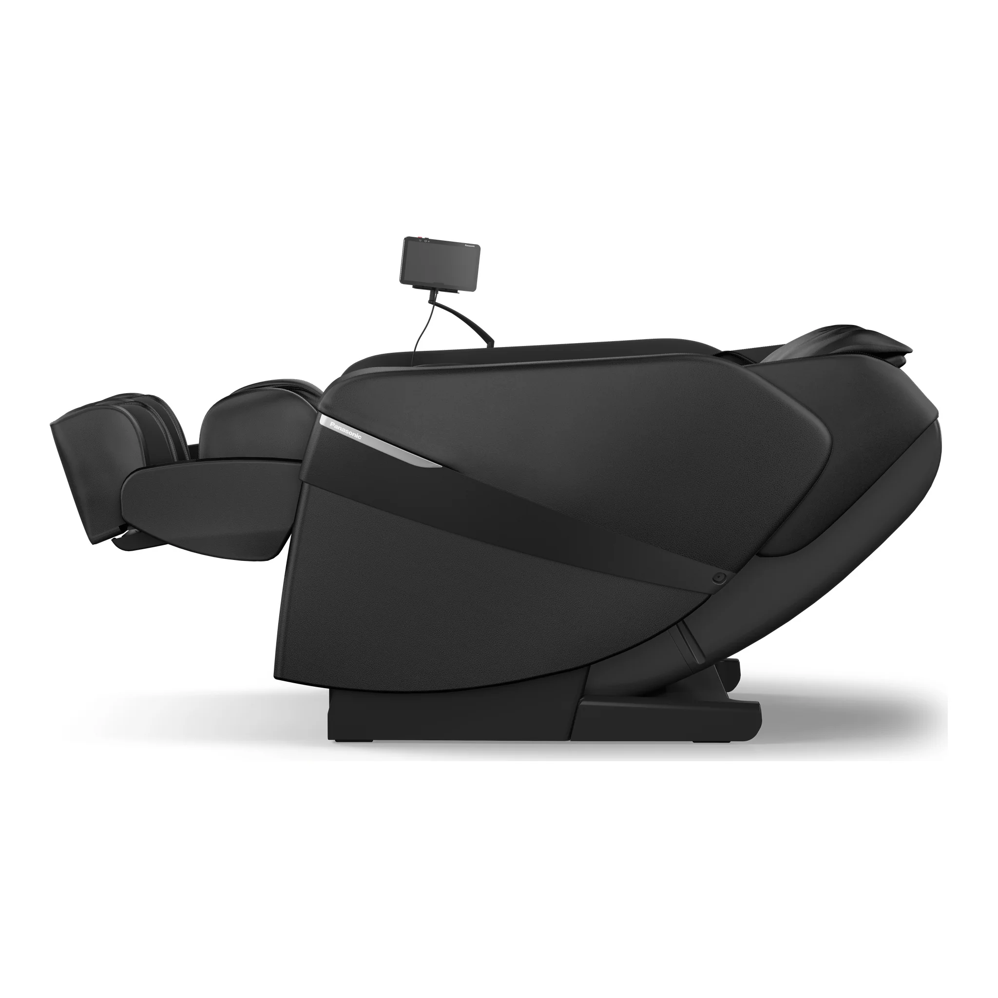 Panasonic MAN1 black zero gravity full body 5D shiatsu massage chair shown upright from a 90-degree left profile (version 2).