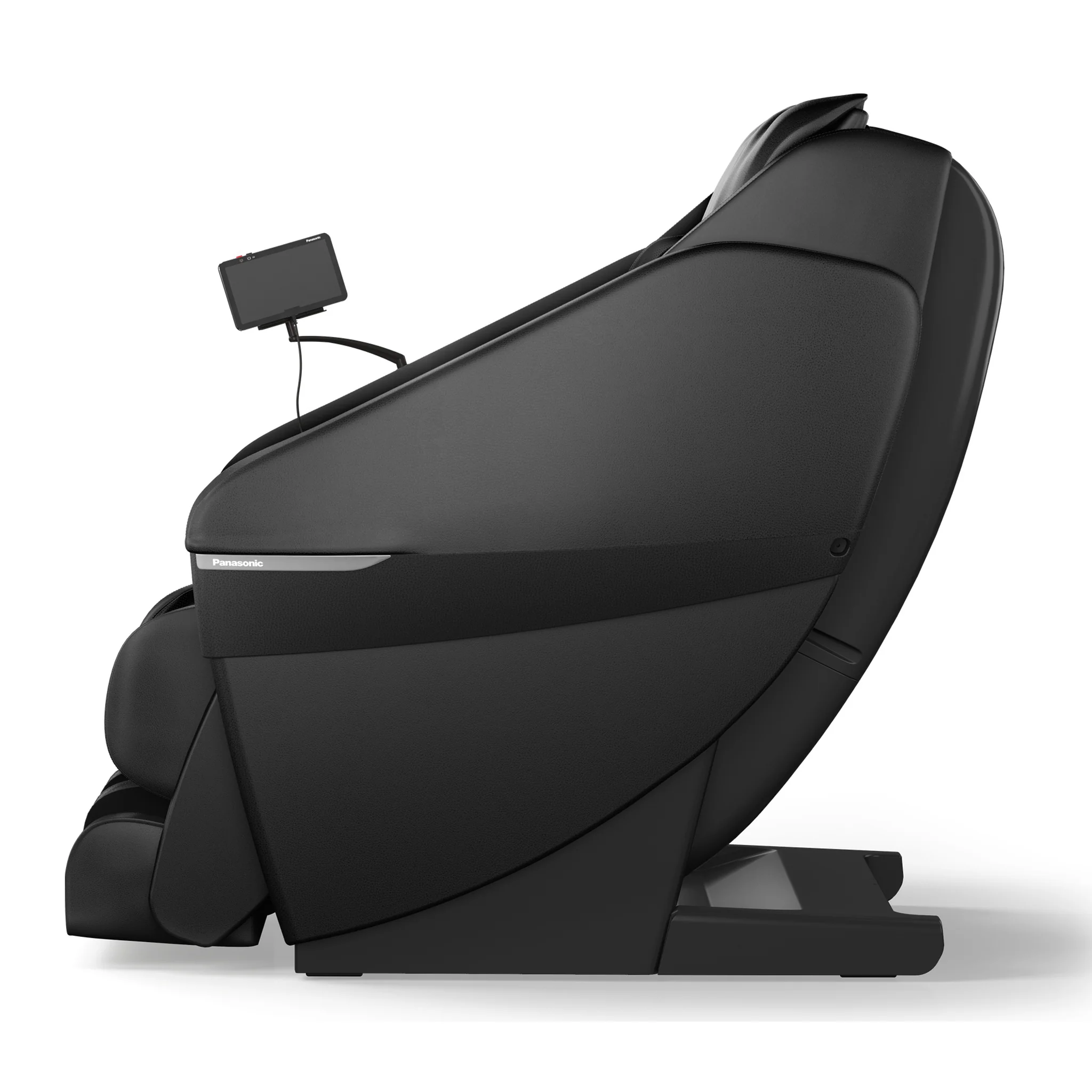 Panasonic MAN1 black zero gravity full body 5D shiatsu massage chair shown upright from a 90-degree left profile.