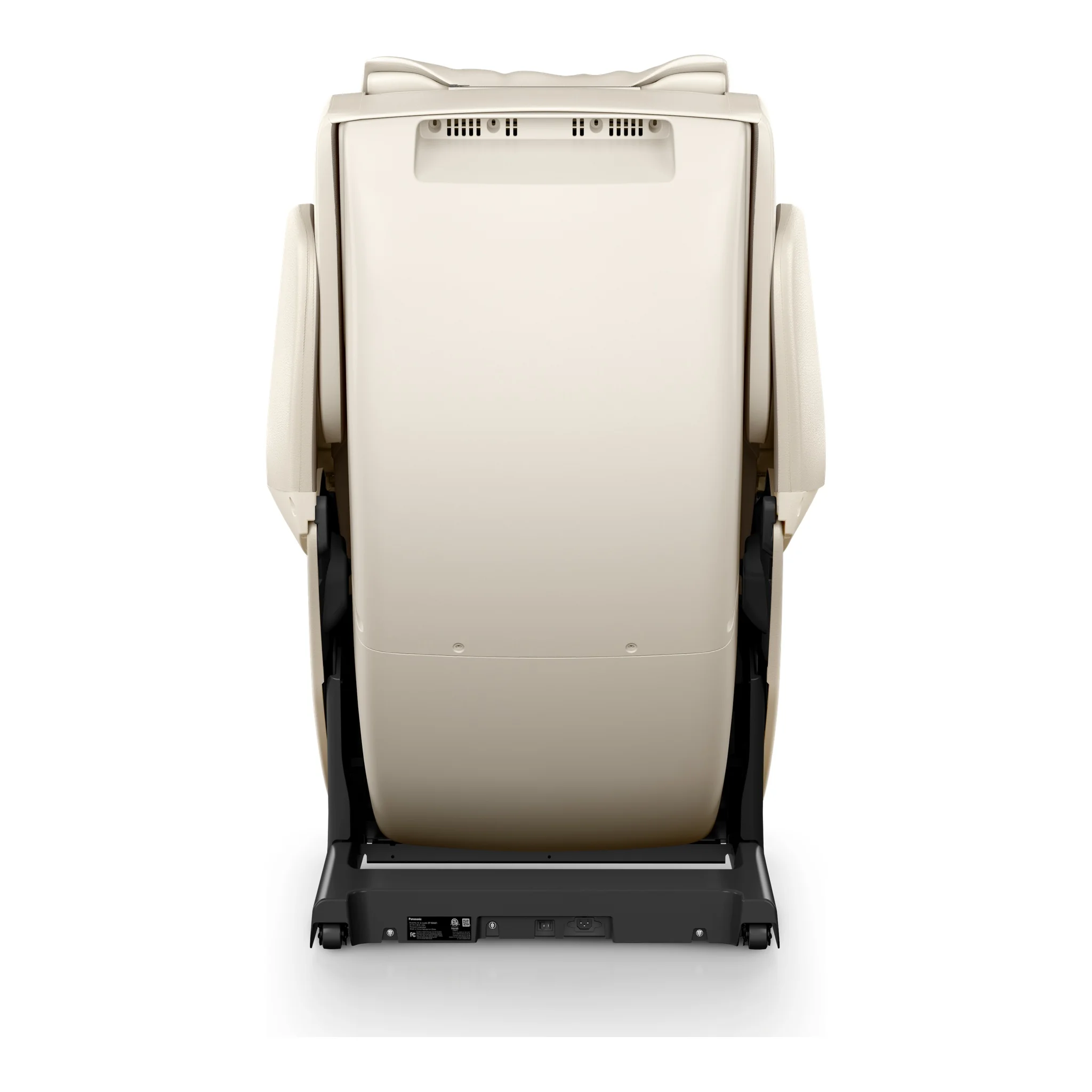 Panasonic MAN1 ivory zero gravity full body 5D shiatsu massage chair shown from a 180-degree back view.