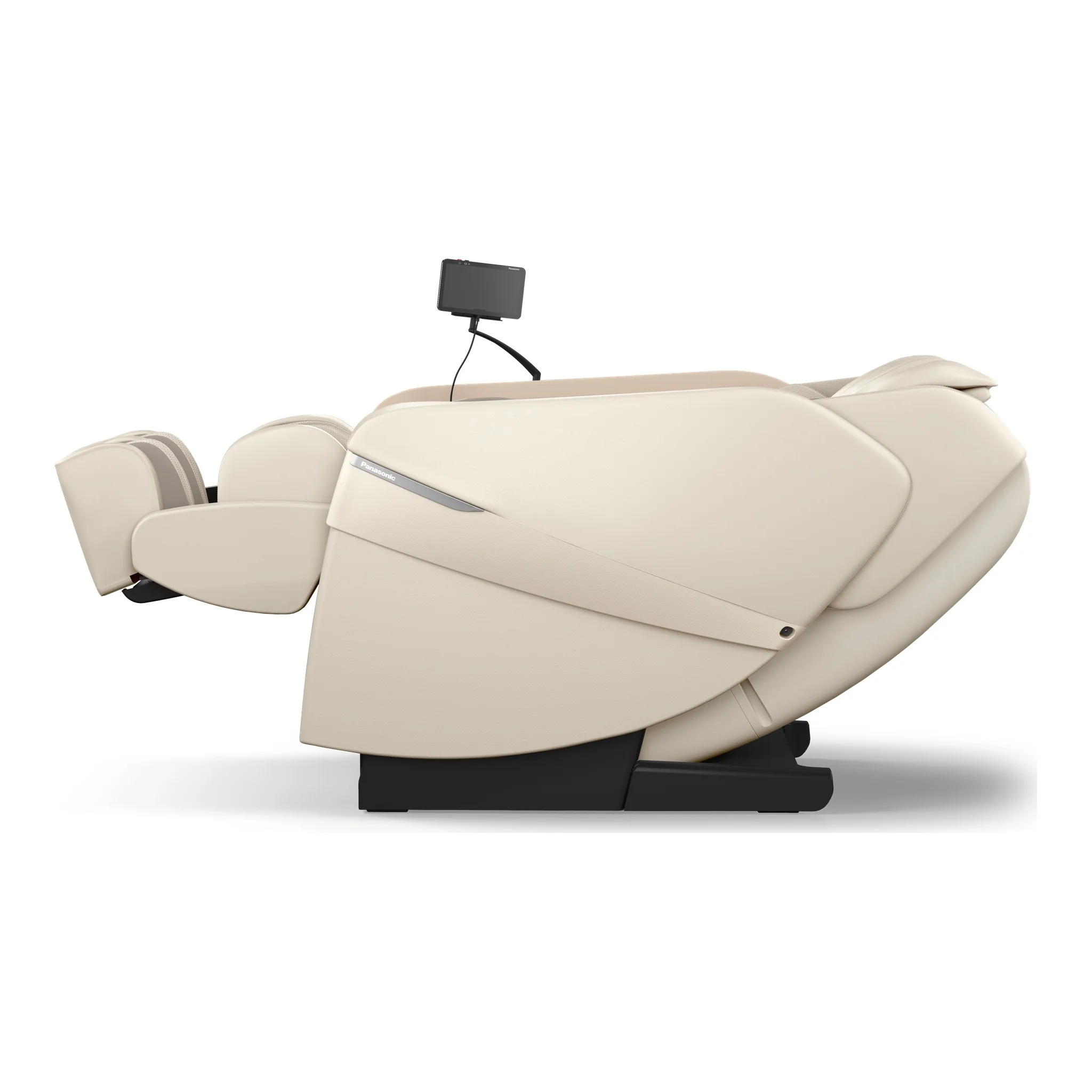 Panasonic MAN1 ivory zero gravity full body 5D shiatsu massage chair shown from a 90-degree left-side view.