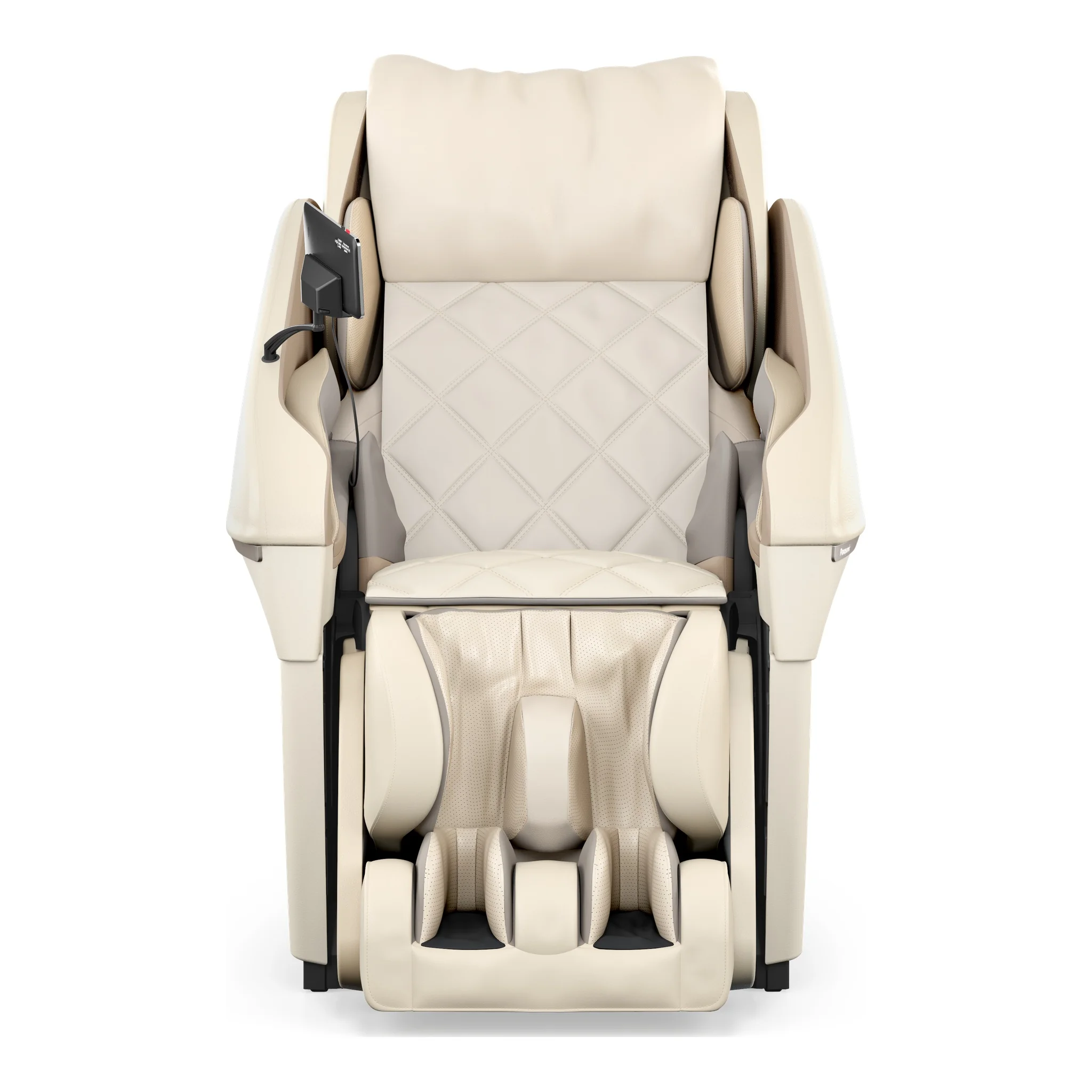 Panasonic MAN1 ivory zero gravity full body 5D shiatsu massage chair displayed upright in a straight-on front view.