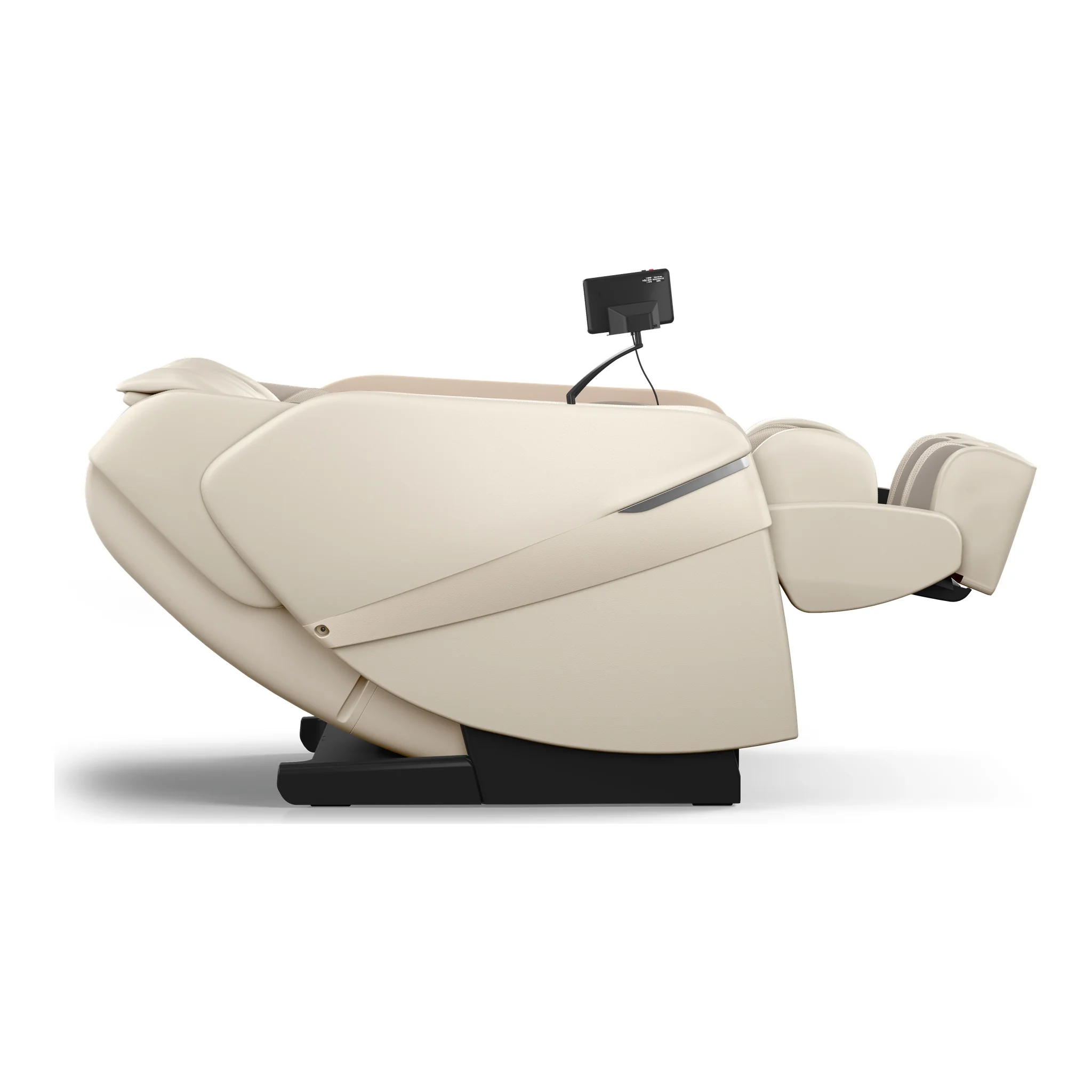 Panasonic MAN1 ivory zero gravity full body 5D shiatsu massage chair shown upright from a 270-degree right-side profile (version 2).