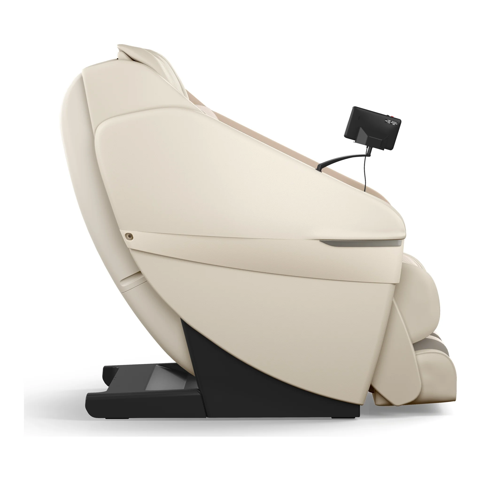 Panasonic MAN1 ivory zero gravity full body 5D shiatsu massage chair shown upright from a 270-degree right-side profile.