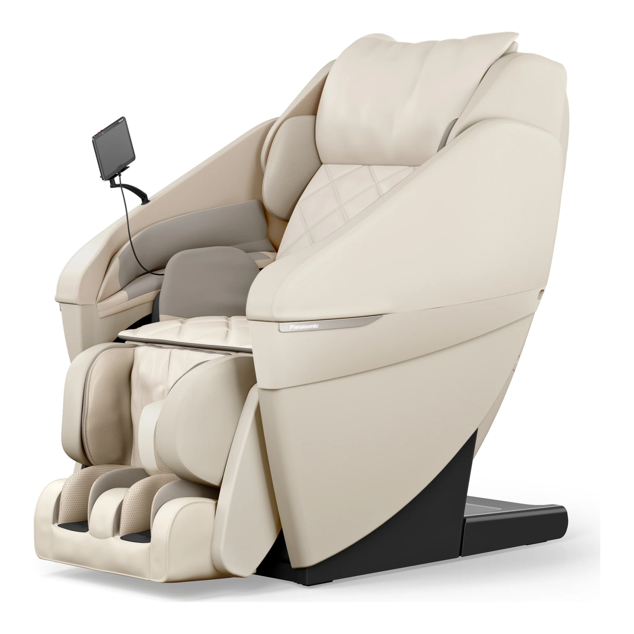 Panasonic MAN1 ivory zero gravity full body 5D shiatsu massage chair shown upright at a 315-degree angled front-right view.