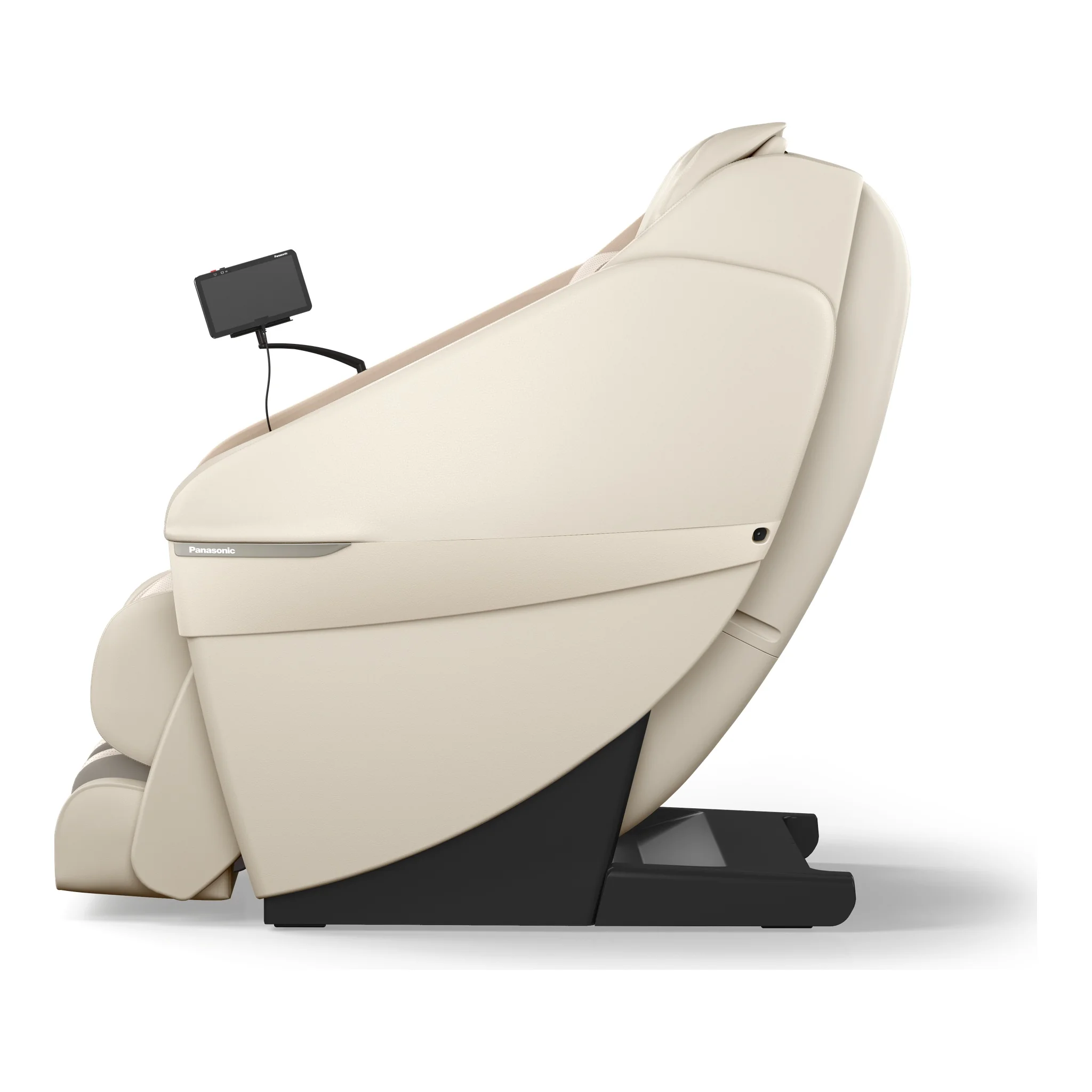 Panasonic MAN1 ivory zero gravity full body 5D shiatsu massage chair shown upright from a 90-degree left profile.