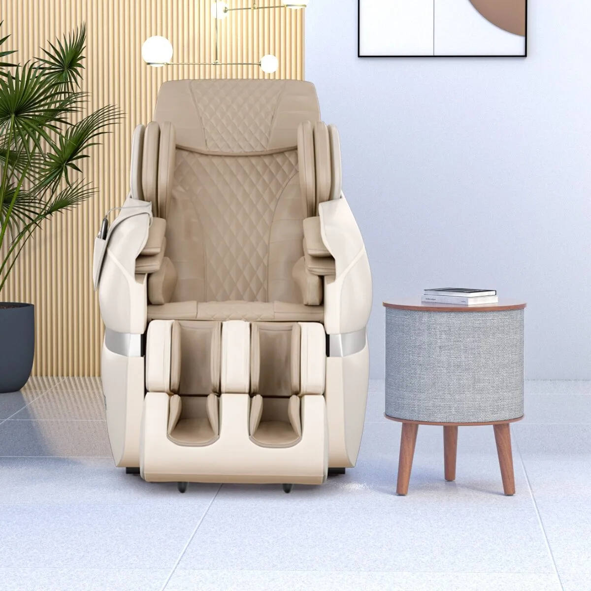 Scene Graph for Integrating Massage Chair with Drun Shape Table Speaker (2) Sonic Side Table with a built-in speaker next to a massage chair, front view.