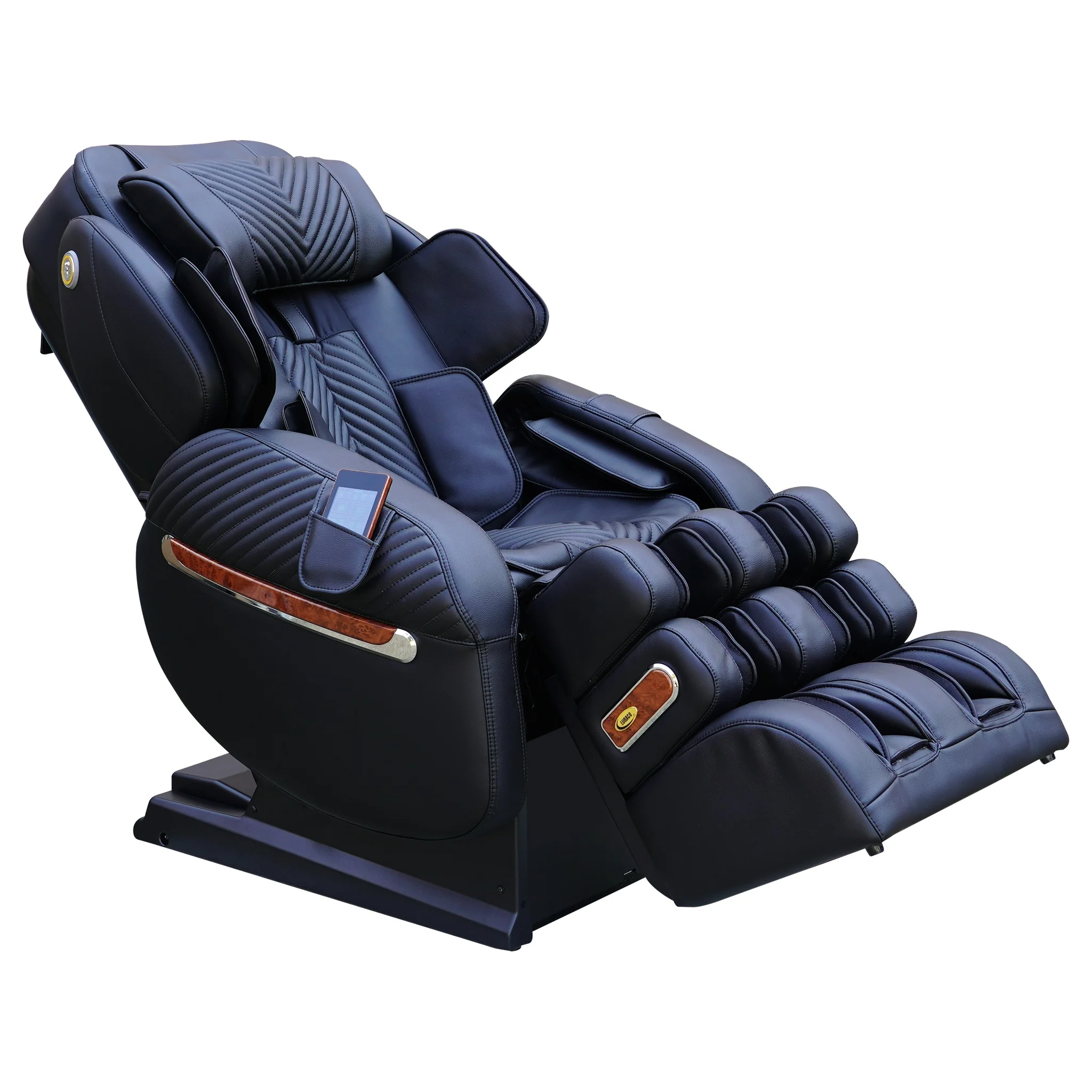 Luraco i9 Max Plus black full-body 4D zero-gravity massage chair viewed from an angled front perspective.