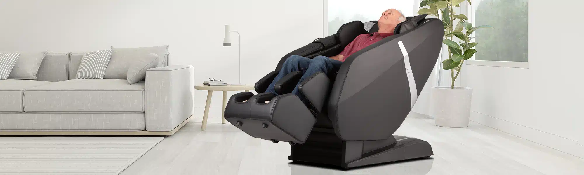 Dark massage chair in a bright white living room