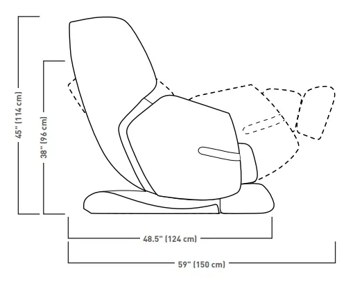 Side-view diagram with the Solara massage chair dimensions, upright and reclined