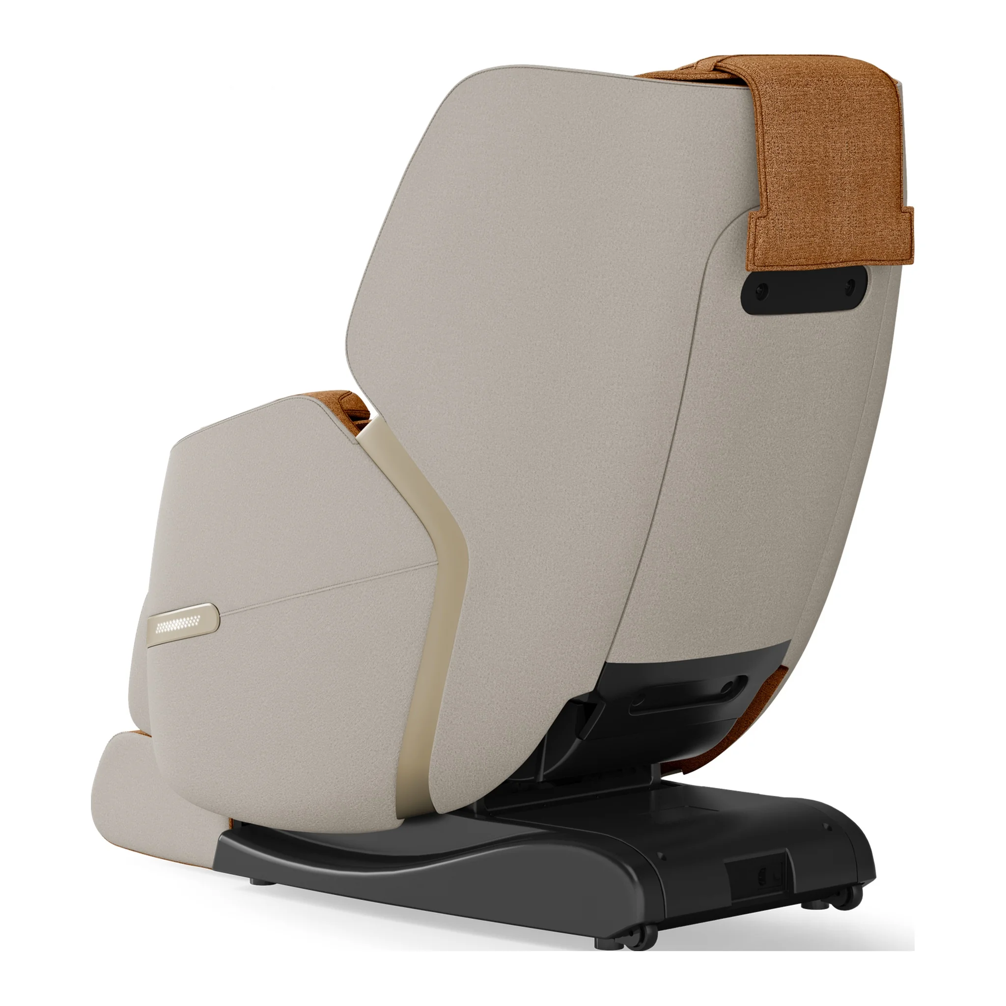 Positive Posture Solara butterscotch zero gravity full body heated massage chair shown upright at an angled back-left view.