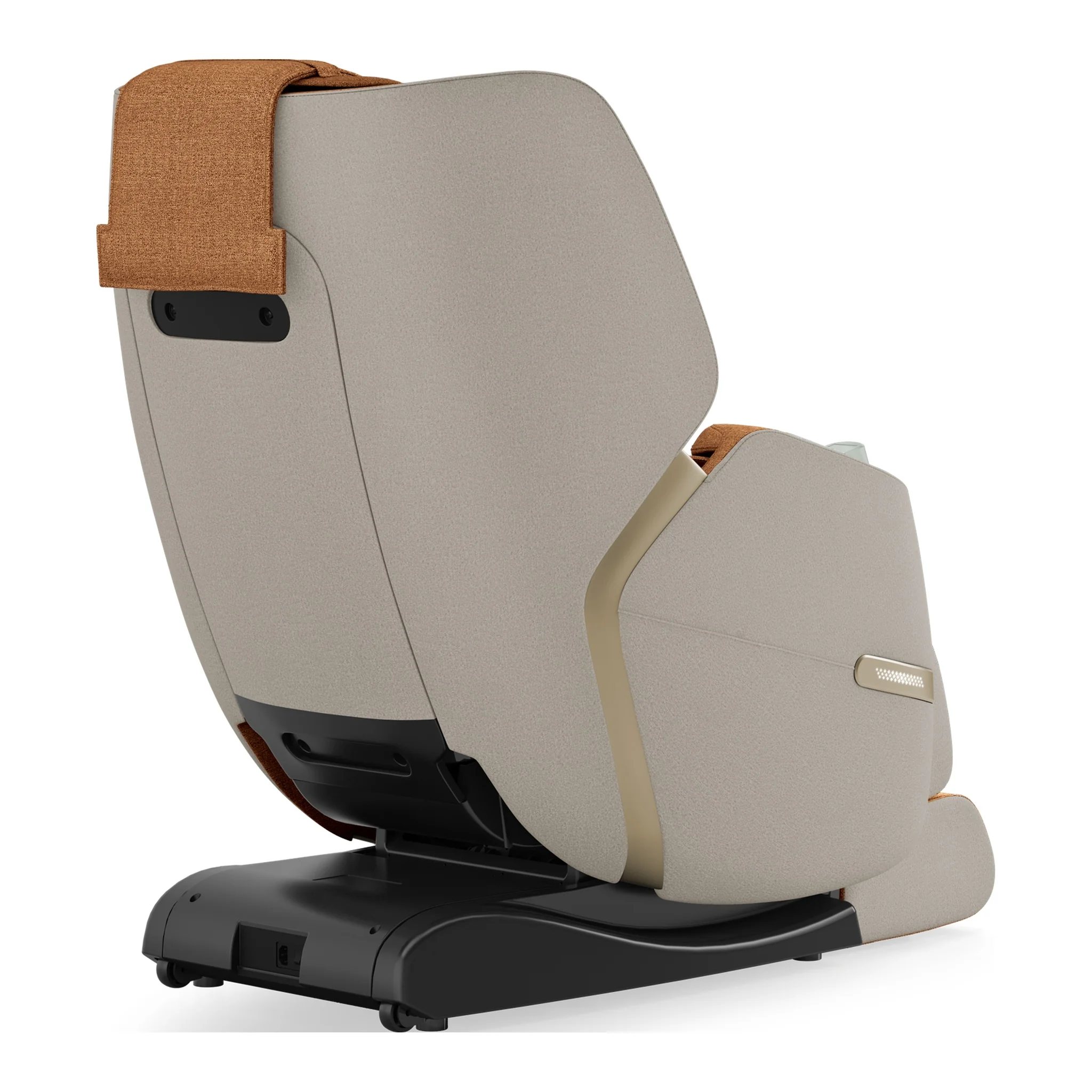 Positive Posture Solara butterscotch zero gravity full body heated massage chair shown upright at an angled back-right view.