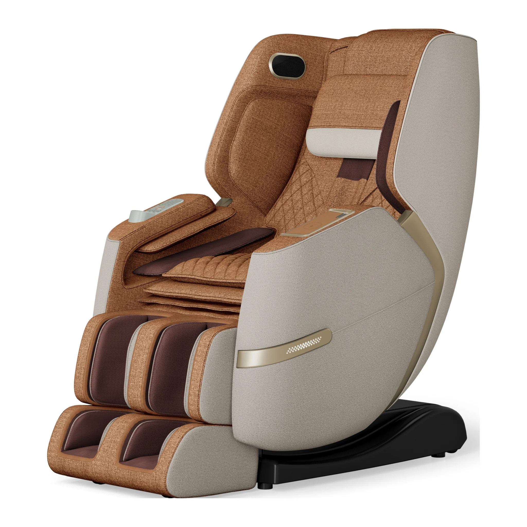 Positive Posture Solara butterscotch zero gravity full body heated massage chair shown upright at an angled front-left view.