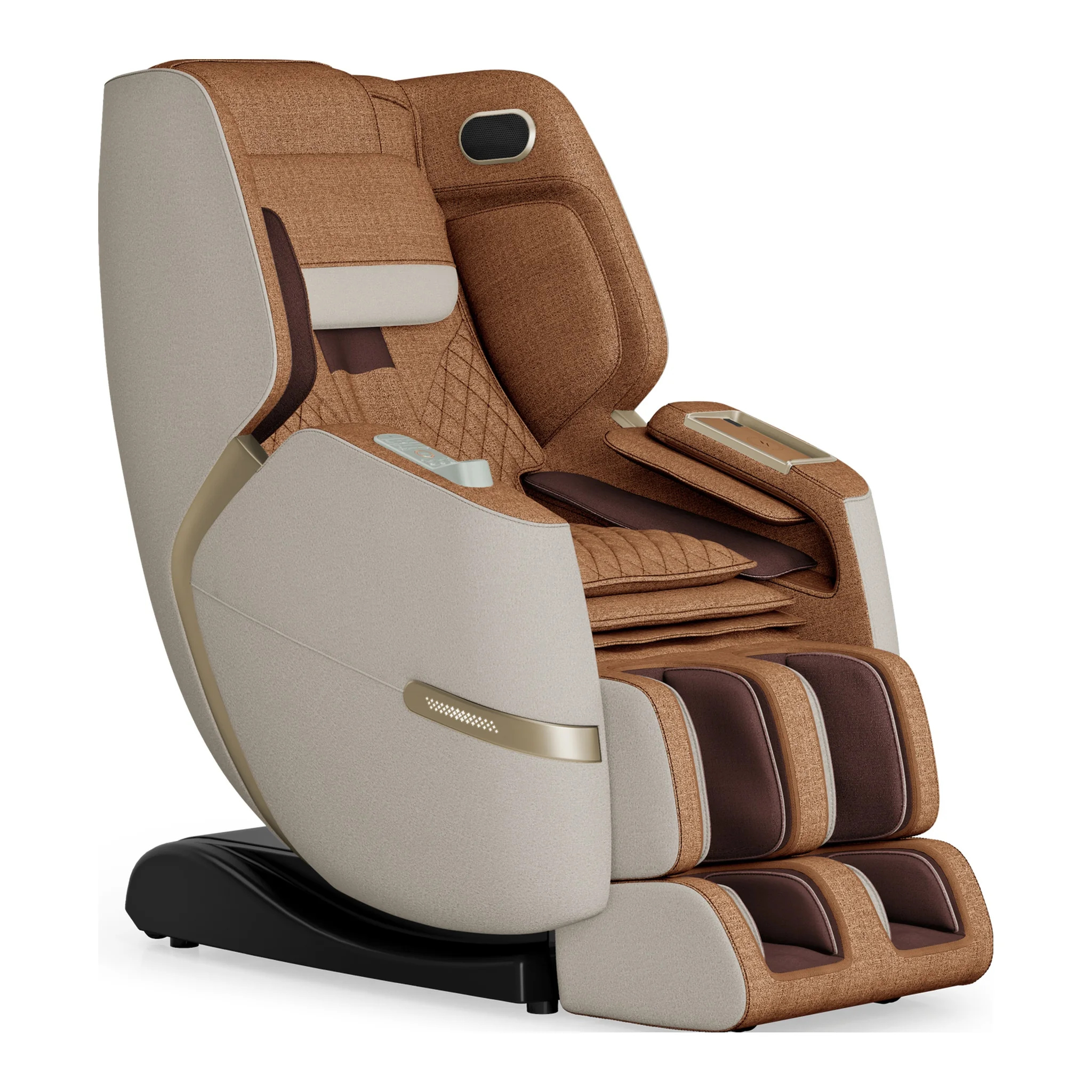 Positive Posture Solara butterscotch zero gravity full body heated massage chair shown upright at an angled front-right view.