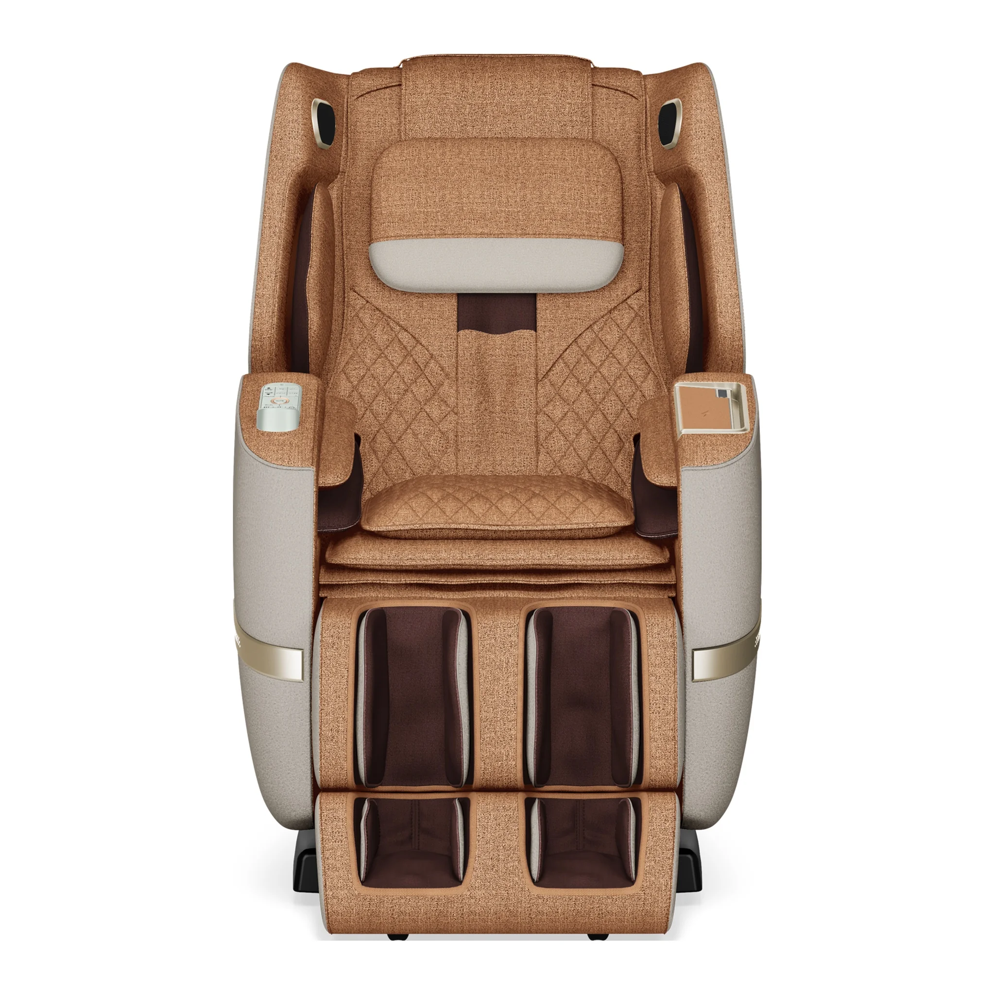 Positive Posture Solara butterscotch zero gravity full body heated massage chair shown upright in a front view.