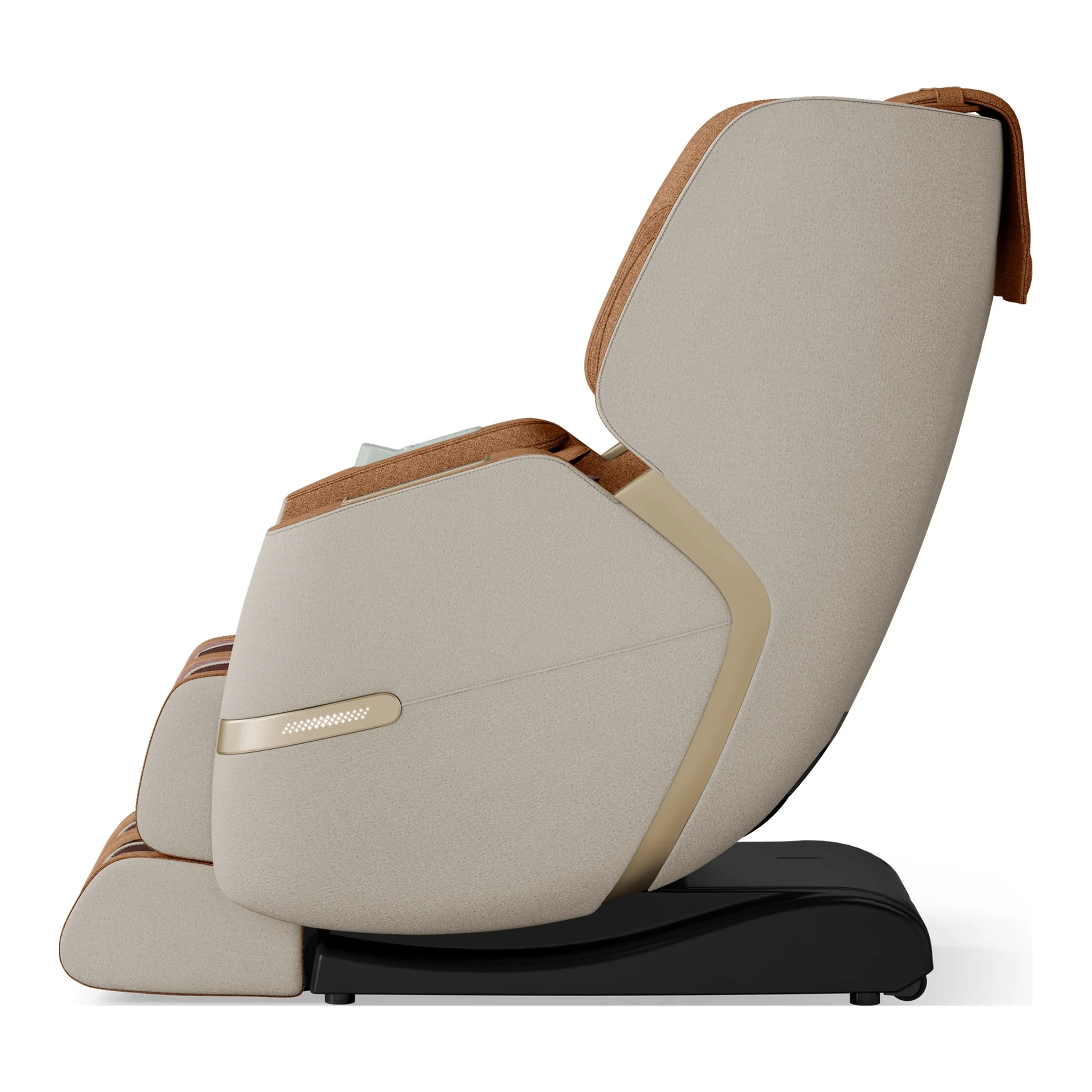 Positive Posture Solara butterscotch zero gravity full body heated massage chair shown upright from the left side (version 2).