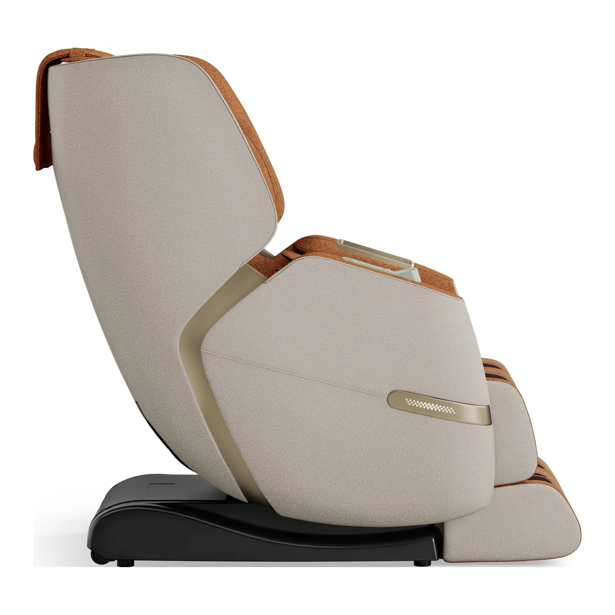 Positive Posture Solara butterscotch zero gravity full body heated massage chair shown upright from the right side (version 2).