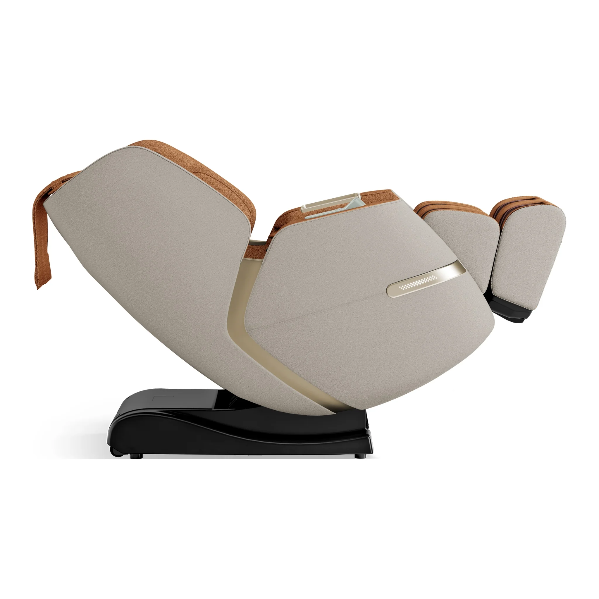 Positive Posture Solara butterscotch zero gravity full body heated massage chair shown upright from the right side.