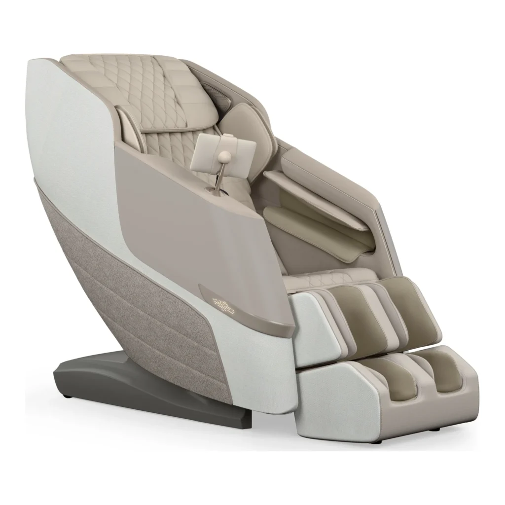 Positive Posture DualTech linen ZERO GRAVITY full body 4D massage chair shown at a 315-degree angled front view.