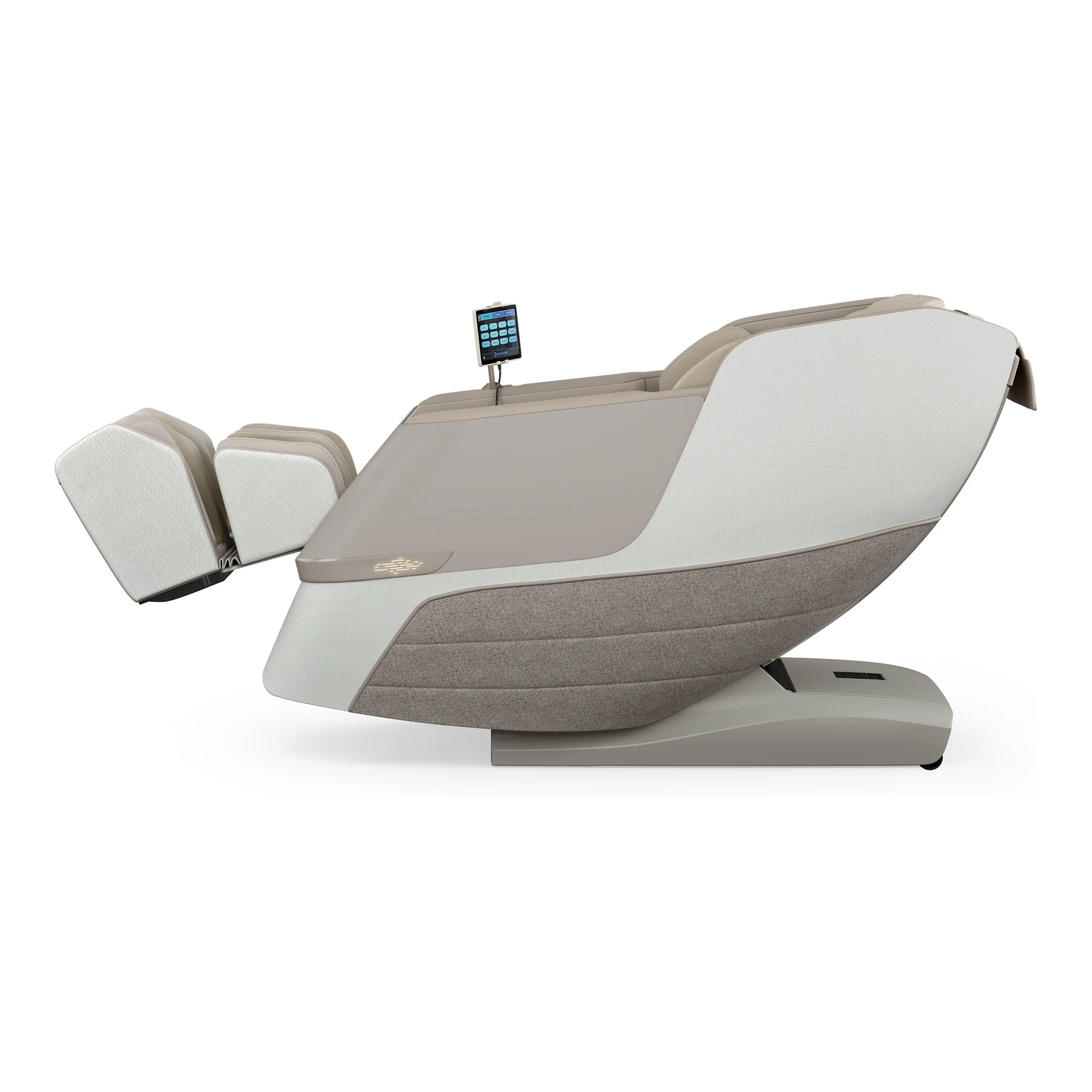 Positive Posture DualTech linen ZERO GRAVITY full body 4D massage chair shown from a 90-degree side profile (version 2).