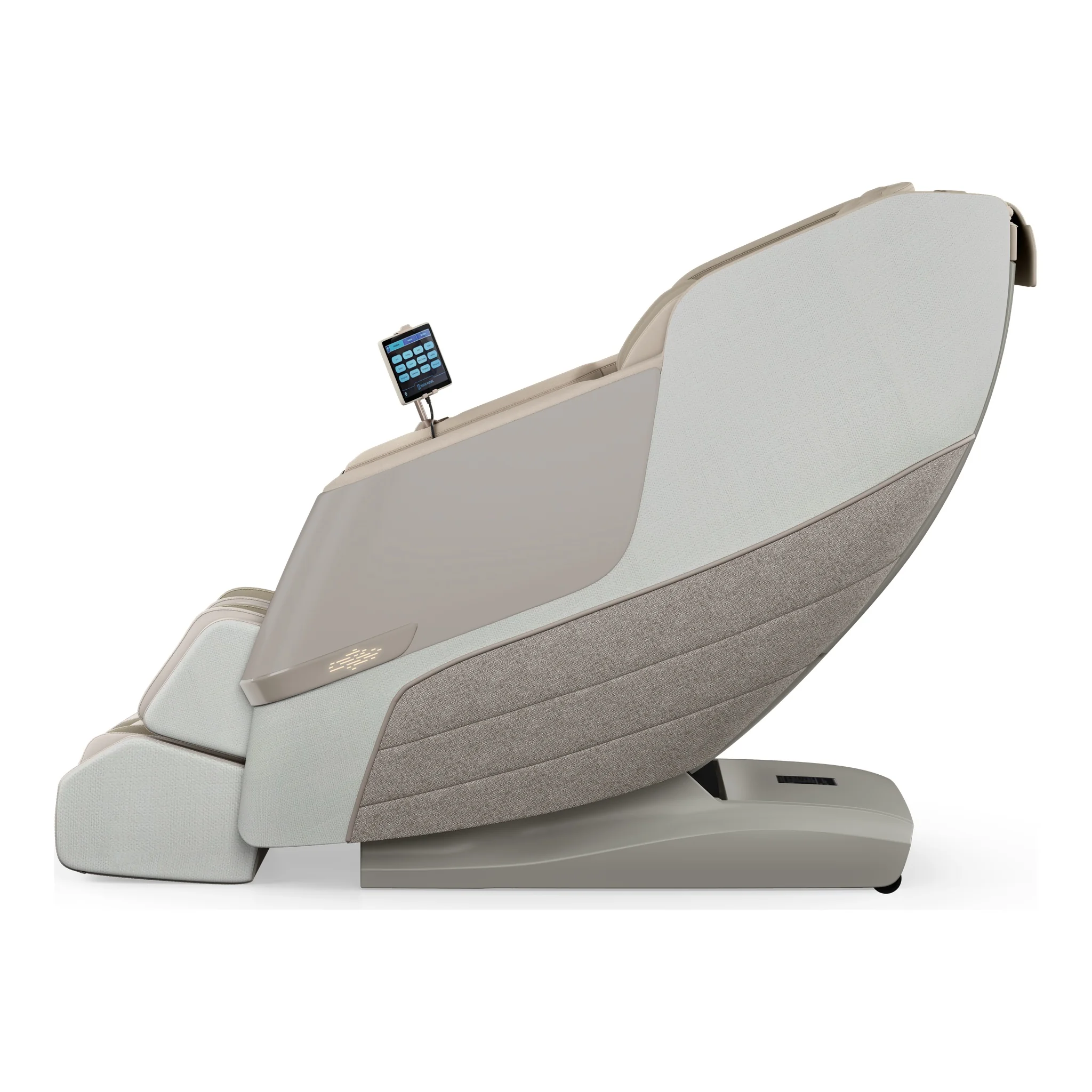 Positive Posture DualTech linen ZERO GRAVITY full body 4D massage chair shown from a 90-degree side profile.