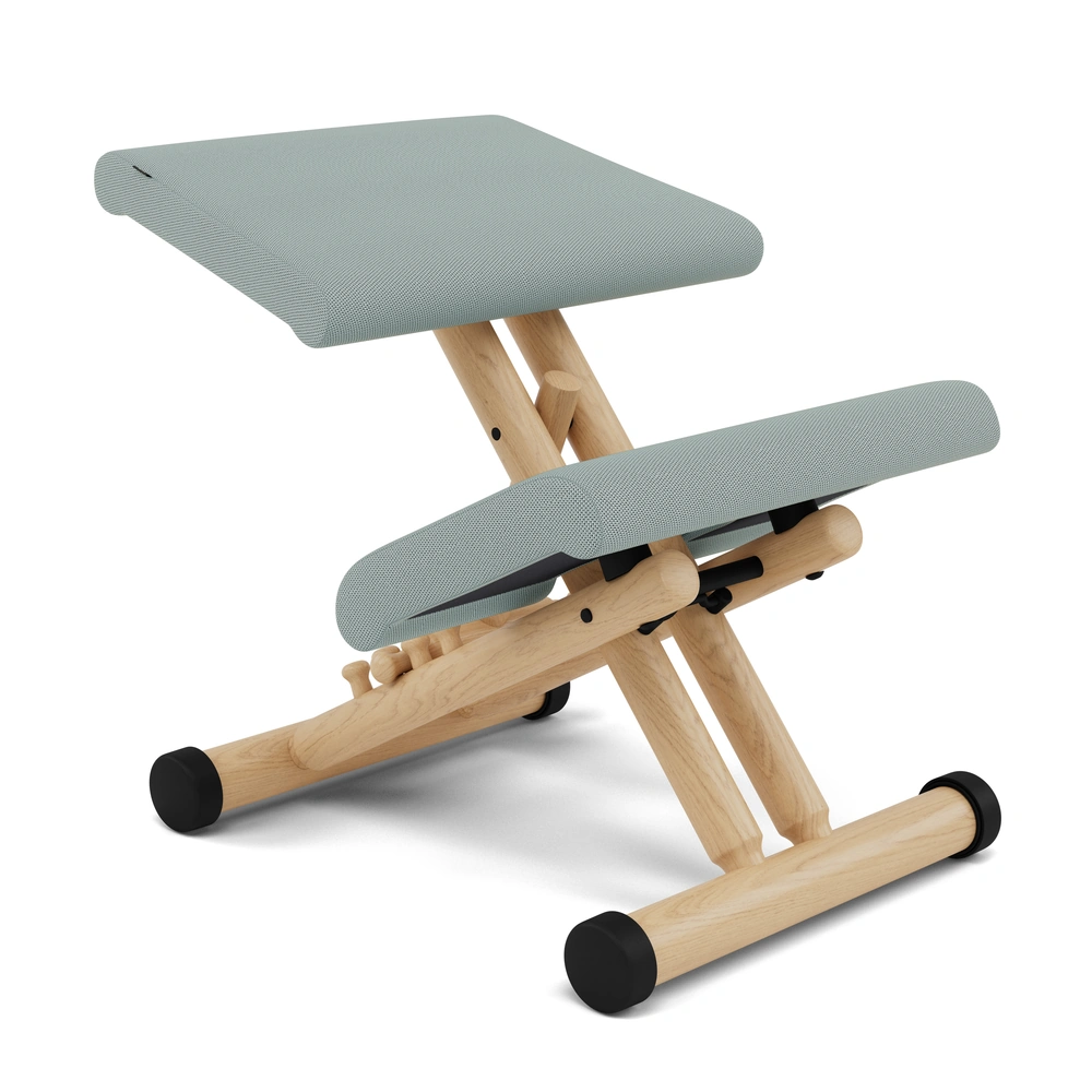 Varier Multi kneeling chair in Tonal Light Green fabric with natural wood base