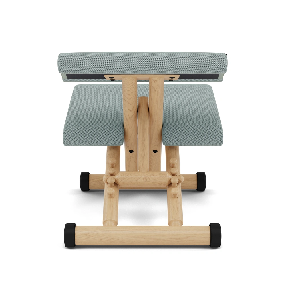 Varier Multi kneeling chair in Tonal Light Green fabric with natural wood base