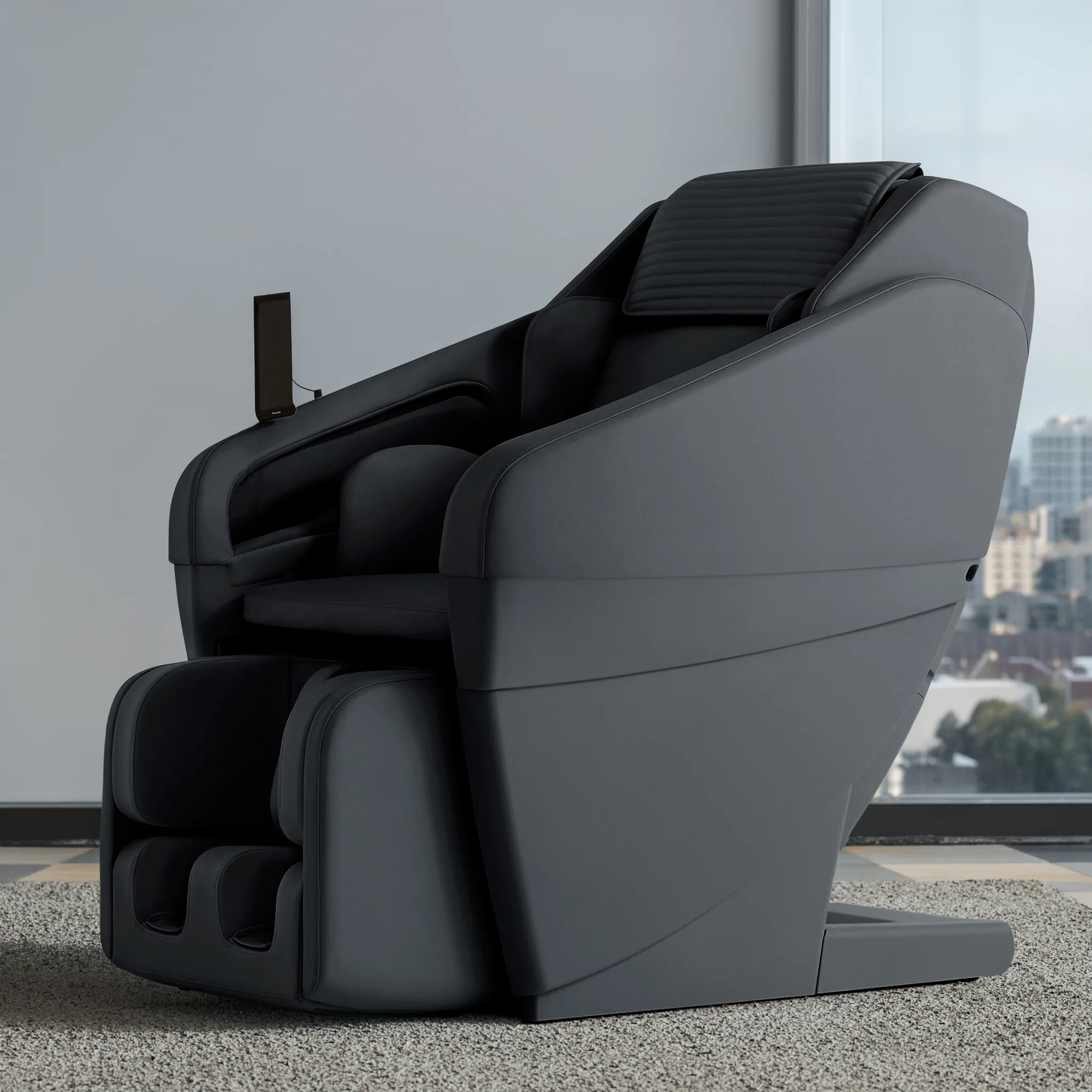 Panasonic MAN2 black 5D A.I. massage chair on a white background.