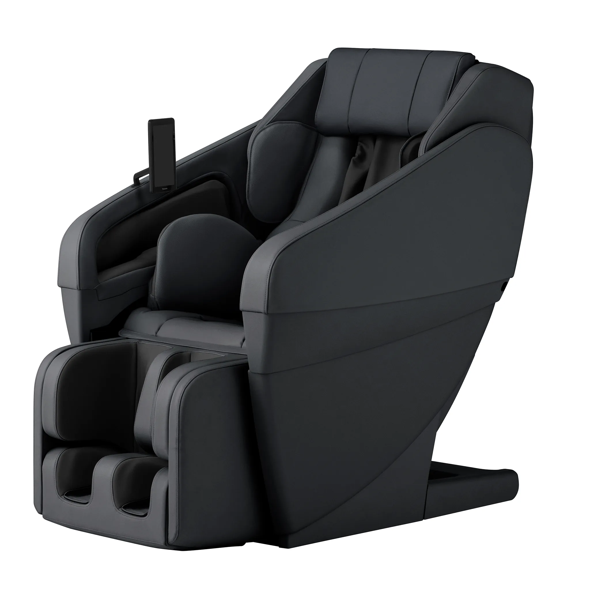 Panasonic MAN2 black 5D A.I. massage chair in an upright position, viewed from a 315-degree front-right angle.