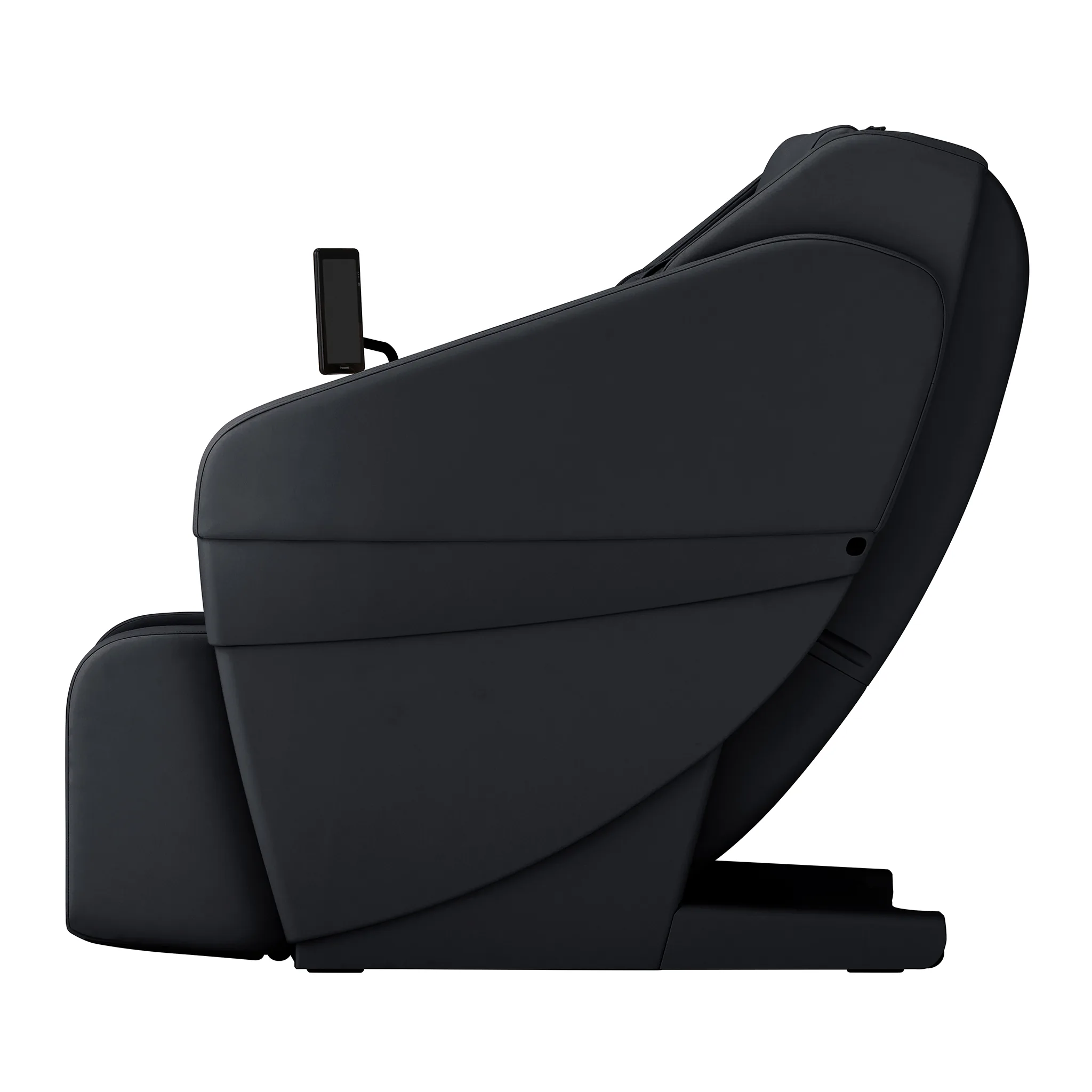 Panasonic MAN2 black 5D A.I. massage chair in an upright position, left profile view.