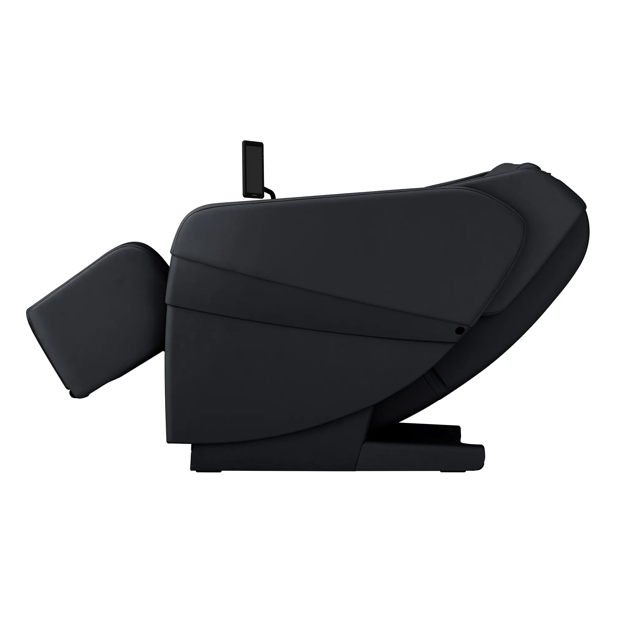Panasonic MAN2 black 5D A.I. massage chair reclined in zero gravity, left profile view.